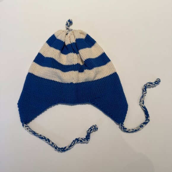 Blue & White Striped Knit Baby Kids Personalized with "Bear" Earflap Cotton Hat - Picture 3 of 3